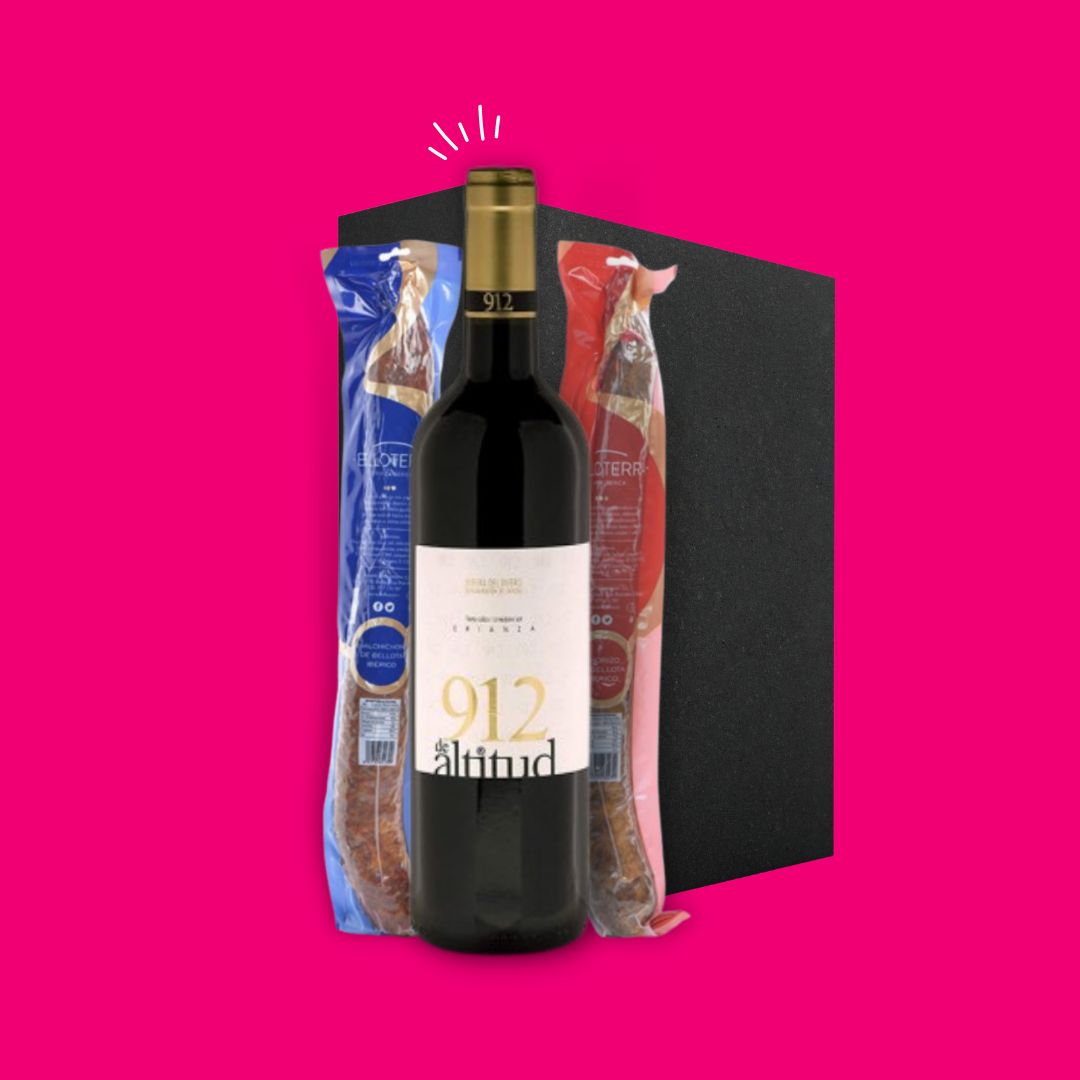 Salchichón y chorizo, tripas de salchichón y de chorizo, vino tinto 912 ALTITUD CRIANZA, Pack con una botella de vino tinto, salchichón y chorizo