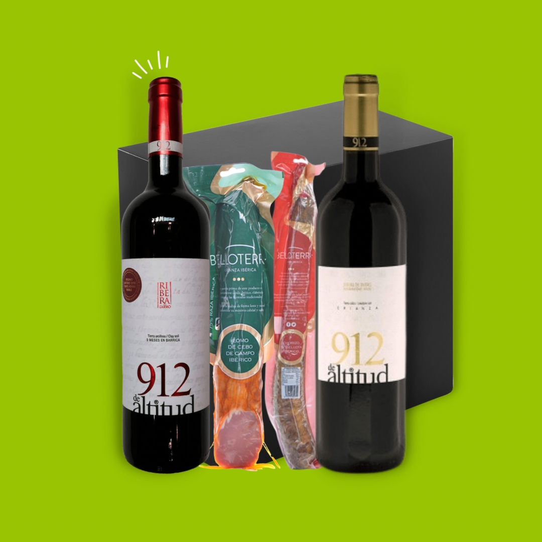 Chorizo, tripa de chorizo de bellota, vino tinto 912 Altitud 9 meses y vino tinto Altitud Crianza y una caña de lomo de cebo de campo, Pack con chorizo, lomo y vinos